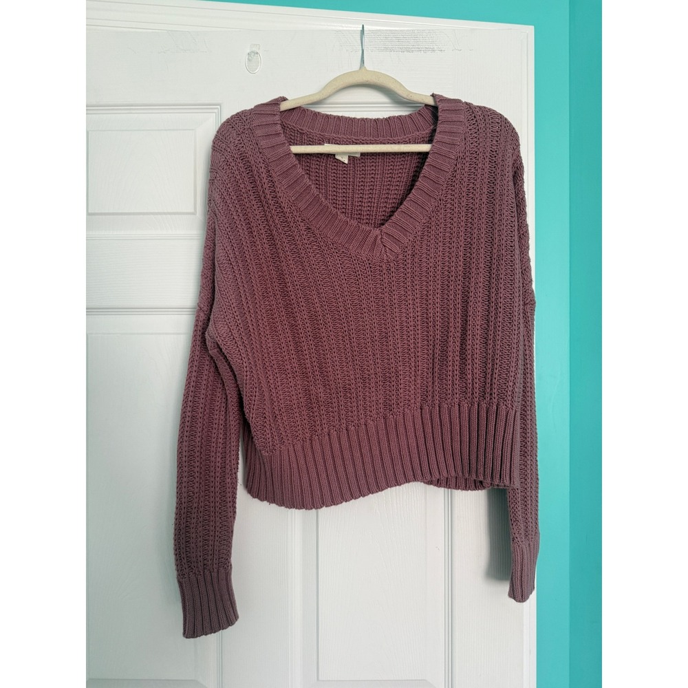 Aeropostale Womens Mauve Shaker Stitch V-Neck Cropped Pullover Sweater Medium